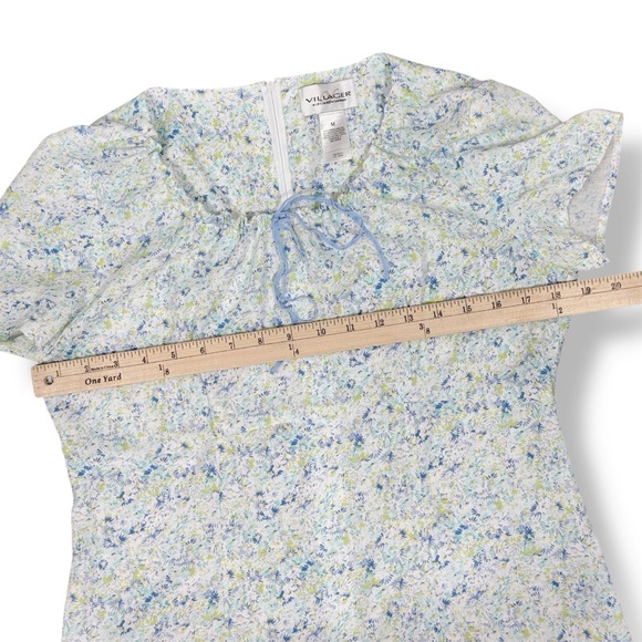 Vntg Villager Liz Claiborne Ditsy Floral Cinch Neck Linen Maxi Dress Blue Medium - Picture 11 of 12